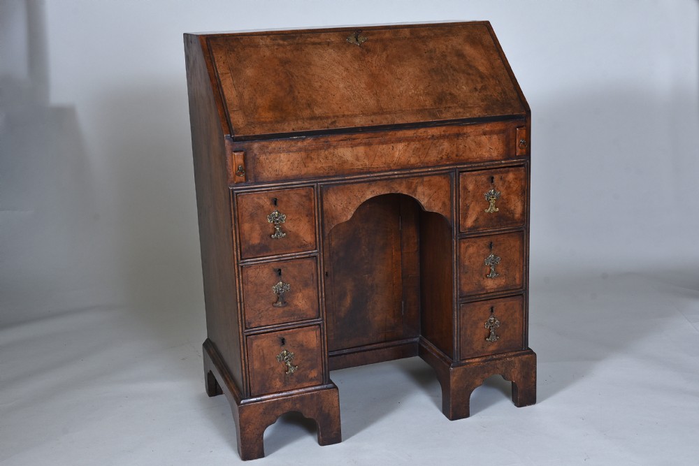 An antique burr walnut kneehole bureau featuring a slant-front writing slope, brass drop handles, and bracket feet.