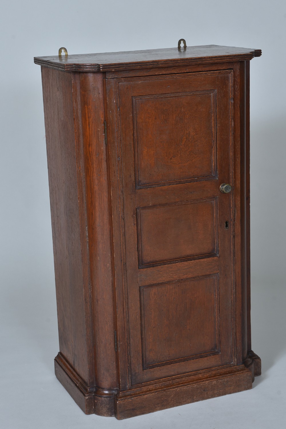 A narrow 19th-century dark brown oak wall cupboard with a three-panel door, brass knob, and metal hanging brass loops at the top.