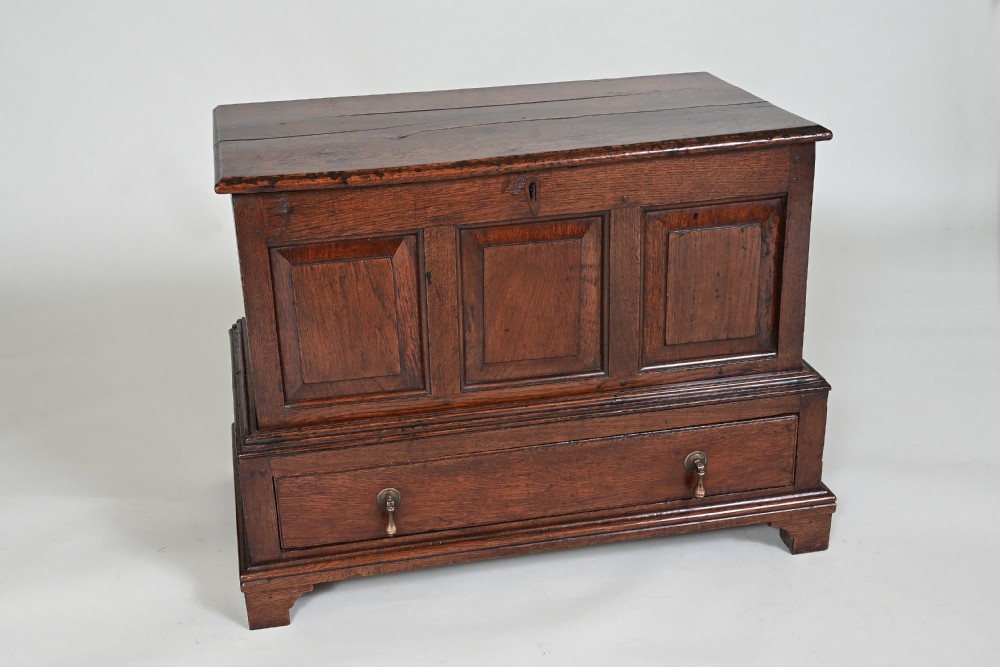 An 18th-century Welsh oak coffer bach featuring a hinged top, three fielded front panels, a single drawer with brass handles, and bracket feet.