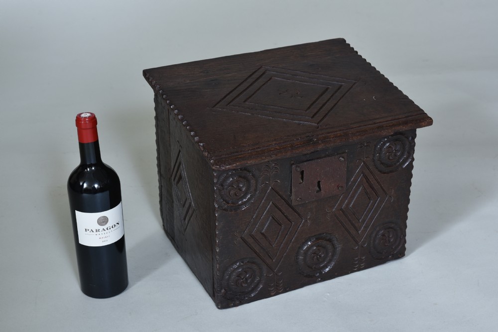 Rare 17th century carved Oak Deed Box View II