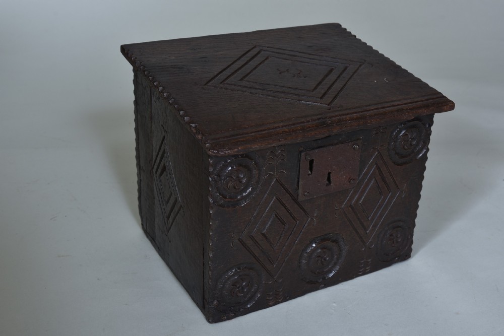 Rare 17th century carved Oak Deed Box View III