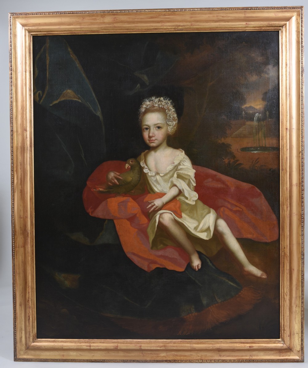 An 18th-century oil portrait depicting a young girl in a white dress seated beside a red drapery holding a bird, enclosed in a giltwood frame.