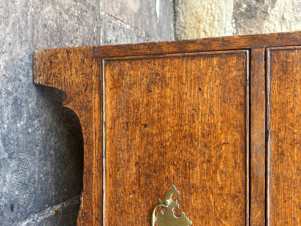 An 18th-century dark oak cupboard on chest featuring paneled upper doors, lower drawers with brass handles, and a moulded cornice. View III