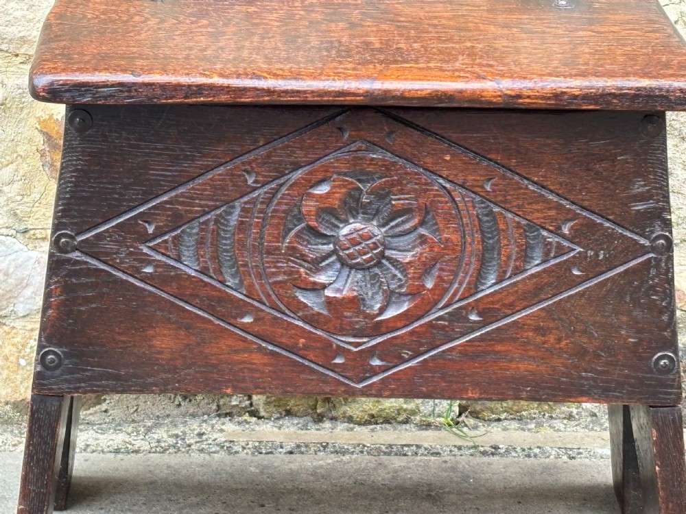 Arts and Crafts 17th century Style Carved Oak Box Stool View II