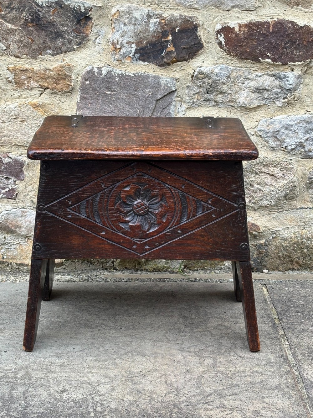 Arts and Crafts 17th century Style Carved Oak Box Stool