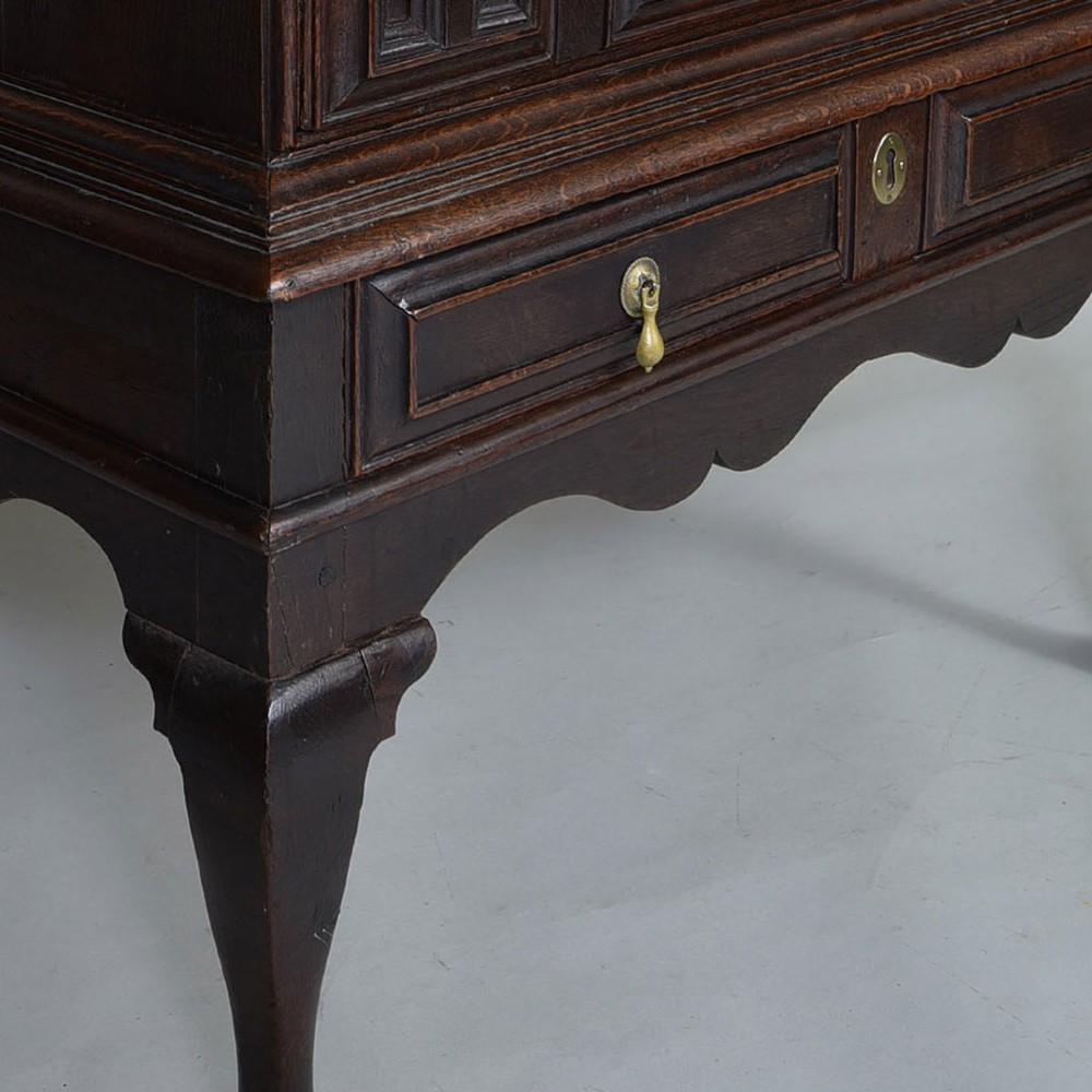 A dark oak chest on stand with geometric panelled drawers, brass drop handles, and cabriole legs. View V