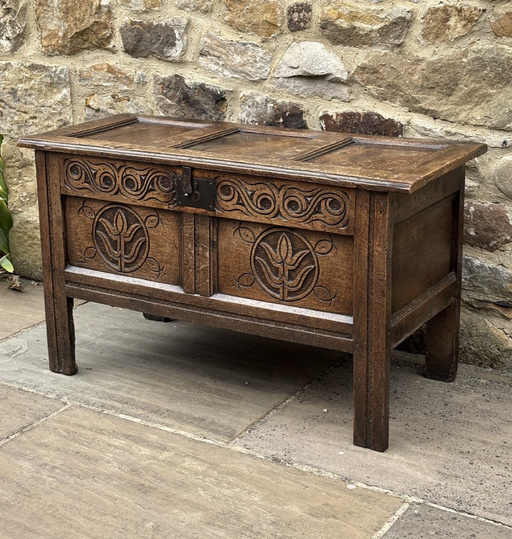 A 17th-century carved oak coffer featuring two carved floral front panels, a carved top frieze, and an iron lockplate. View II