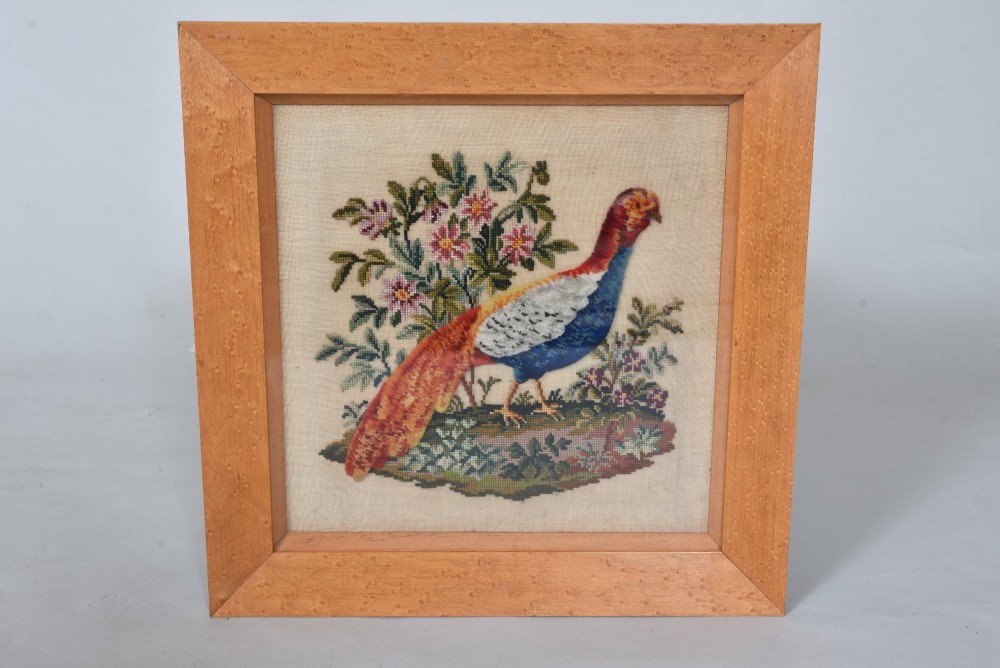 A square framed Victorian plushwork needlework depicting a colourful pheasant amongst foliage, set in a light birds eye maple frame.