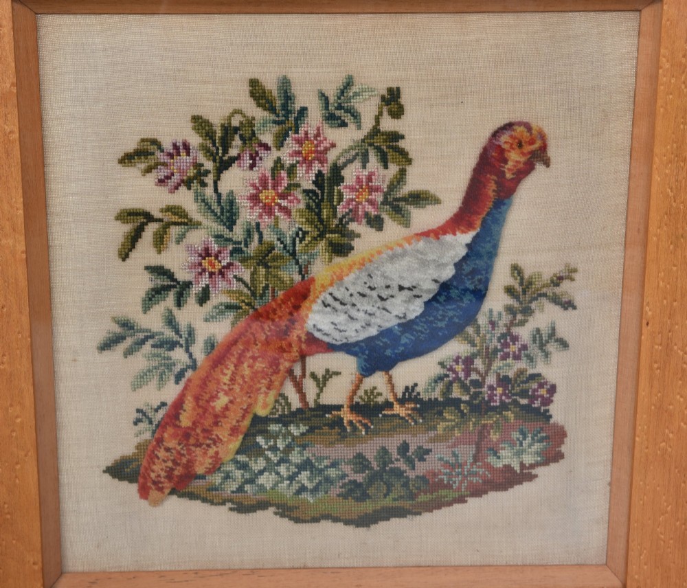 A square framed Victorian plushwork needlework depicting a colourful pheasant amongst foliage, set in a light birds eye maple frame. View II