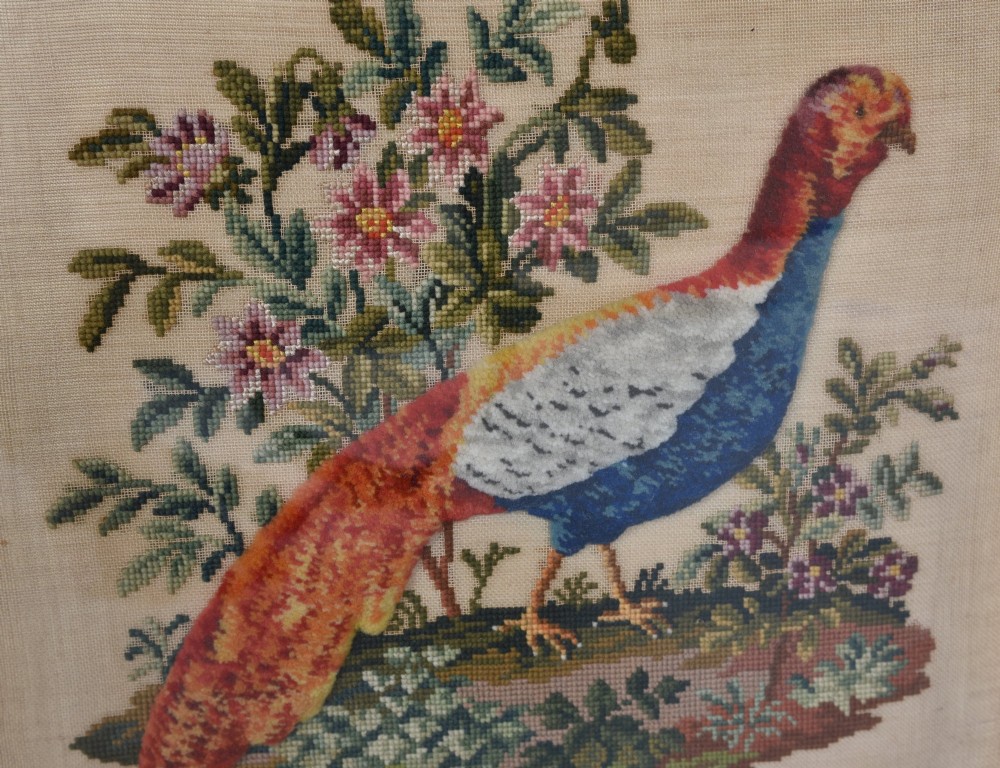 A square framed Victorian plushwork needlework depicting a colourful pheasant amongst foliage, set in a light birds eye maple frame. View III