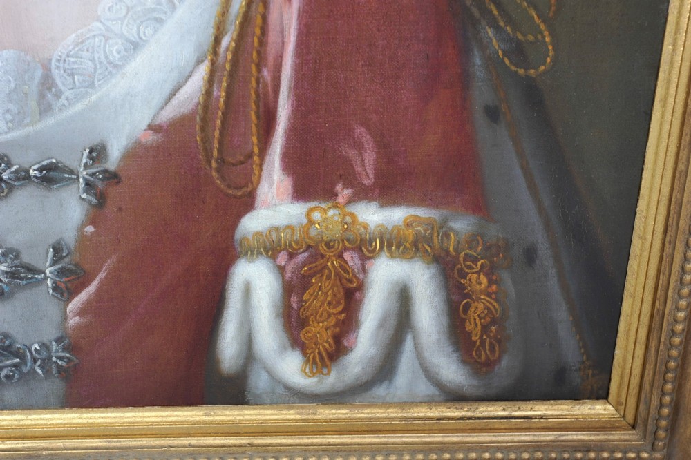 An 18th-century oil portrait of a woman wearing a pearl necklace and lace-trimmed gown, set within a molded gold gilt frame. View III