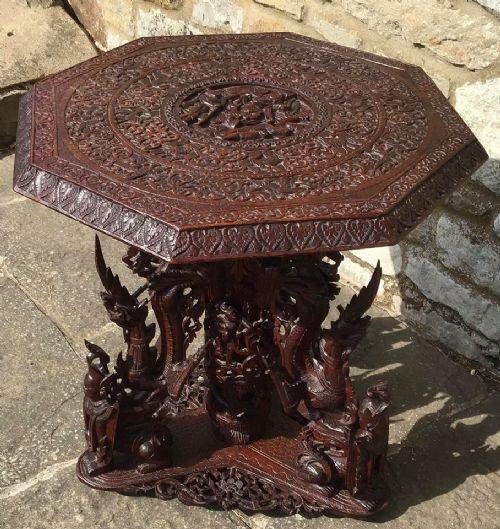  ANTIQUE Hand Carved BURMESE OCCASIONAL TABLE Carved Base & Top