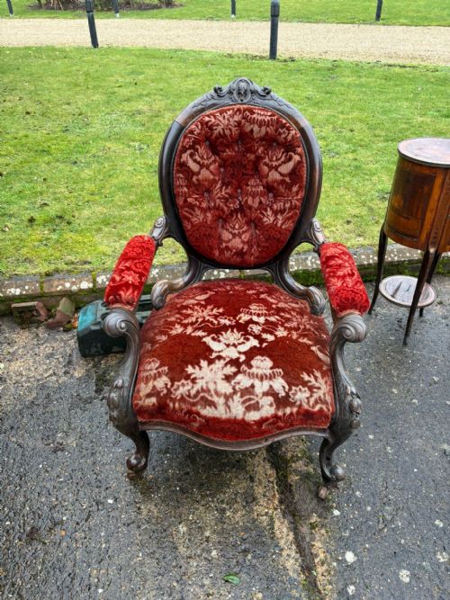 ANTIQUE VICTORIAN CARVED ROSEWOOD CABRIOLE LEG ARMCHAIR