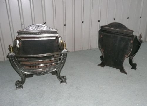 fig 1. A PAIR OF POLISHED STEEL CAST IRON FIRE GRATES
