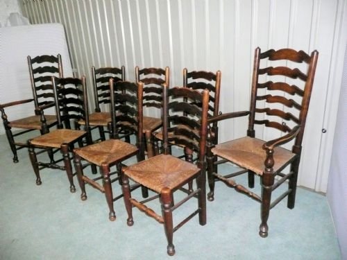 Set of 8 Victorian Elm Ladder Back Farmhouse Chairs