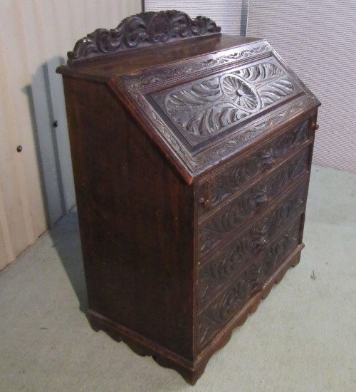fig 1. VICTORIAN CARVED PUSSY OAK BUREAU