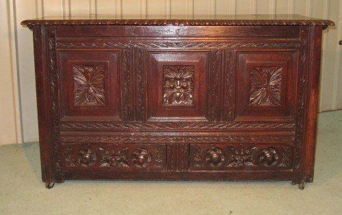 Large 18th C Gothic Oak Mule Chest Coffer