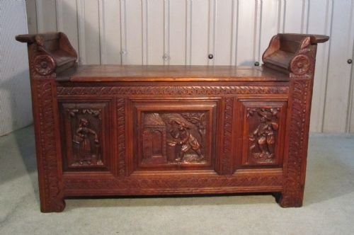 Carved Oak Breton Box Window Seat Coffer