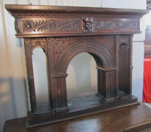 19th C Gothic Oak Carved Over-mantle Alcove Mirror
