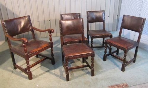 fig 1. SET OF 5 VICTORIAN OAK LEATHER DINING CHAIRS