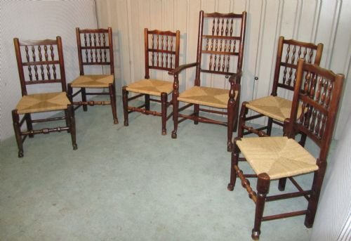fig 1. HARLEQUIN SET OF 6 LANCASHIRE LADDER BACK CHAIRS