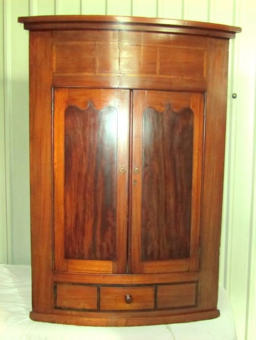 Large Mahogany Inlaid Corner Wall Cupboard