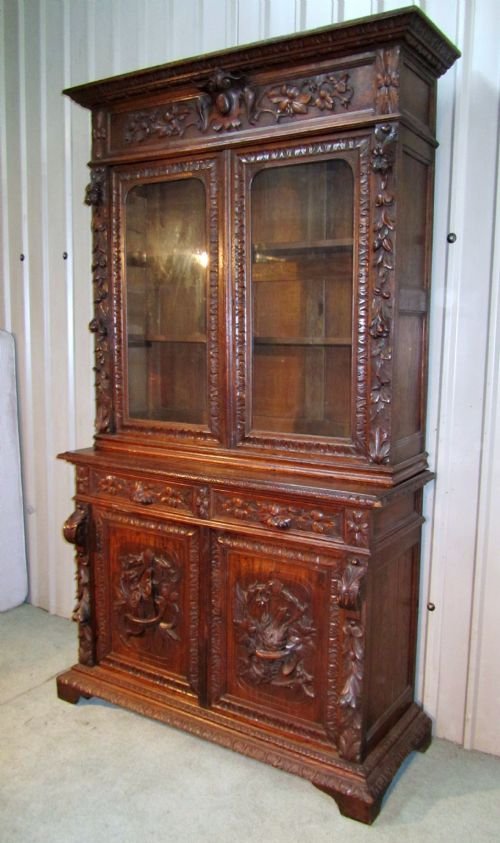 fig 1. RARE 19TH C CARVED OAK GAME AND TROPHY CUPBOARD OR BOOKCASE