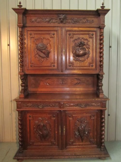 French Carved Oak Bookcase Game Cupboard Dresser