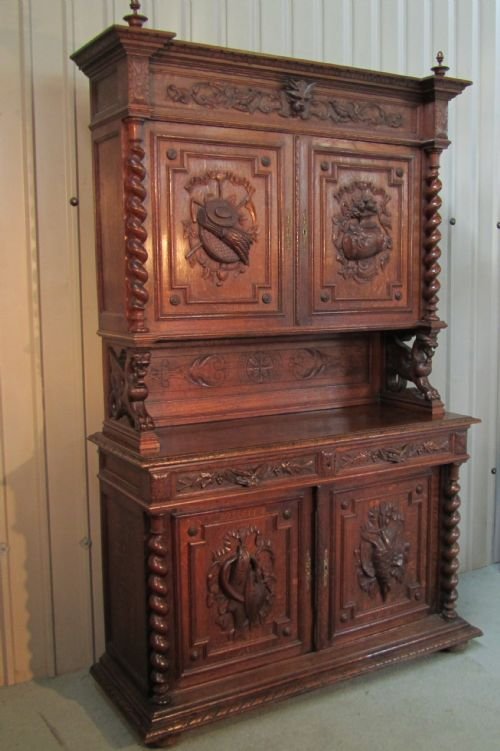 fig 1. FRENCH CARVED OAK BOOKCASE GAME CUPBOARD DRESSER