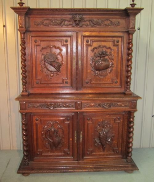 fig 3. FRENCH CARVED OAK BOOKCASE GAME CUPBOARD DRESSER