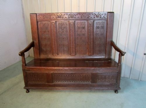 18th Century High Back Carved Oak Settle