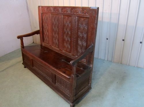 fig 1. 18TH CENTURY HIGH BACK CARVED OAK SETTLE