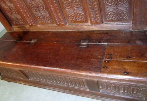 fig 2. 18TH CENTURY HIGH BACK CARVED OAK SETTLE