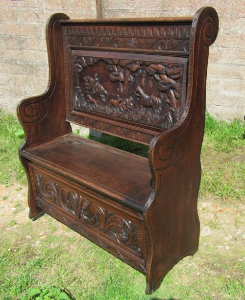 fig 1. SUPERB 19TH CENTURY CARVED OAK HUNTING SETTLE GREEN MAN BENCH