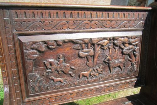 fig 2. SUPERB 19TH CENTURY CARVED OAK HUNTING SETTLE GREEN MAN BENCH