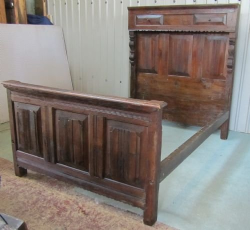 Rare Jacobean Period Oak Carved Double 5ft Bed