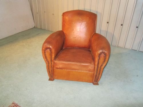 French Shabby Leather Art Deco Club Chair