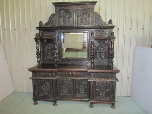 Very Large Victorian Gothic Carved Oak Dresser Mirror Back Sideboard