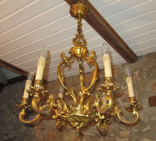 Large French Cast Brass Gilt Chandelier and Pair of Wall Lights