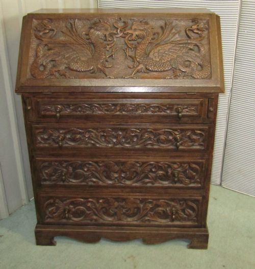 Welsh Dragon Carved Gothic Oak Bureau Desk