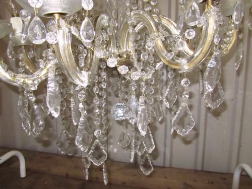 French 8 Branch Cut Glass and Gold Brass Chandelier