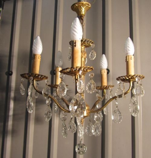 Charming French Cut Glass and Brass 5 Arm Chandelier