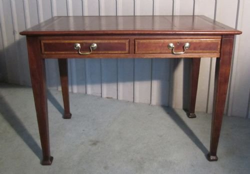 Elegant Edwardian Inlaid Leather & Mahogany Writing Table Desk