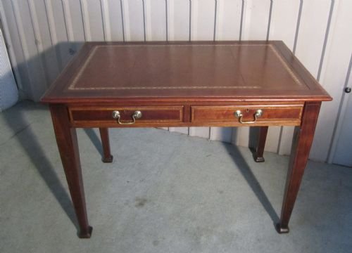 fig 1. ELEGANT EDWARDIAN INLAID LEATHER & MAHOGANY WRITING TABLE DESK
