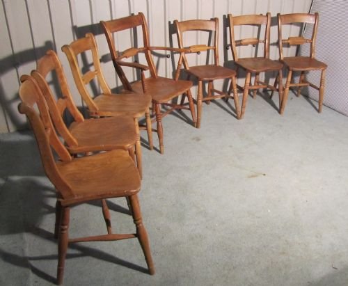 fig 1. A HARLEQUIN SET OF 7 VICTORIAN ROPE BACK KITCHEN CHAIRS