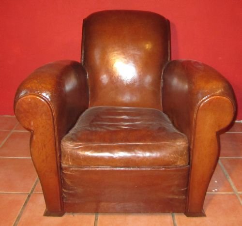 A Superb Very Stylish French Aged Leather Art Deco Club Chair