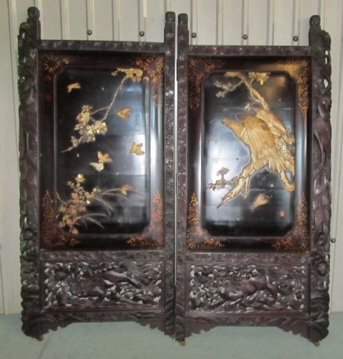A Very Large 19th Century Japanese Carved and Decorated Folding Screen