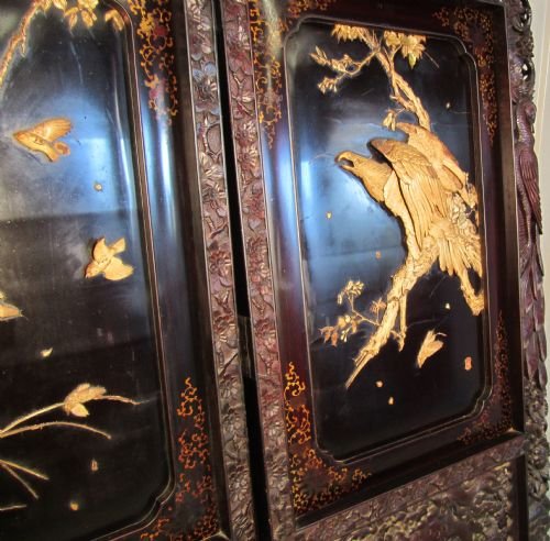 fig 1. A Very Large 19th Century Japanese Carved and Decorated Folding Screen