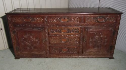 A Large Gothic Carved Country Oak Dresser Base or Sideboard