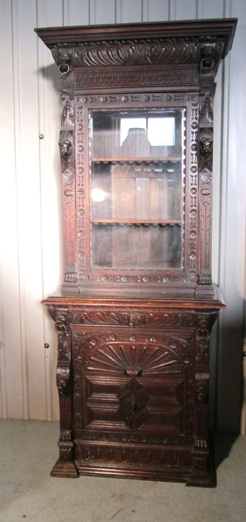Intricately Carved Early Victorian Gothic Oak Bookcase